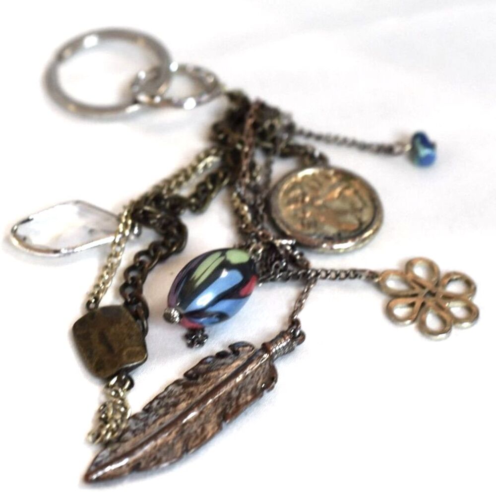 Southwestern Boho Beads/Charms Dangles Silver/Gold/Black Chain 7" Purse Keychain